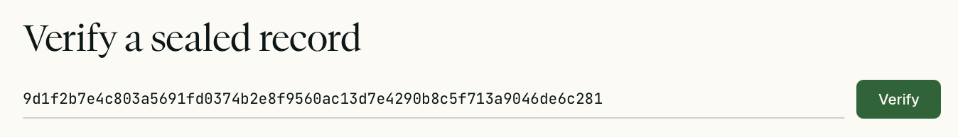 Verify a sealed record: a record hash entered beside a Verify button.